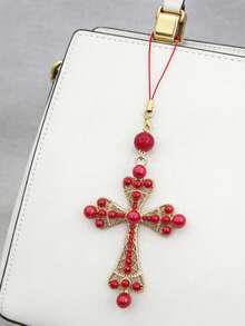 Lianxyfu 1Piece Elegant Phone Charm, Imitation Pearls Embellished Cross Pendant, Luxury Phone Case, Bag And Keychain Versatile Accessory, Fashion Gift - D - View 2