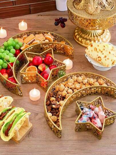 Retro Ramadan Crescent Moon Tray Decoration, Eid Al-Fitr Moon Pattern Plate, Islamic Muslim Food Tray, Ironware Tray For Ramadan Islamic Party, Dessert Pastry Display Stand Decoration