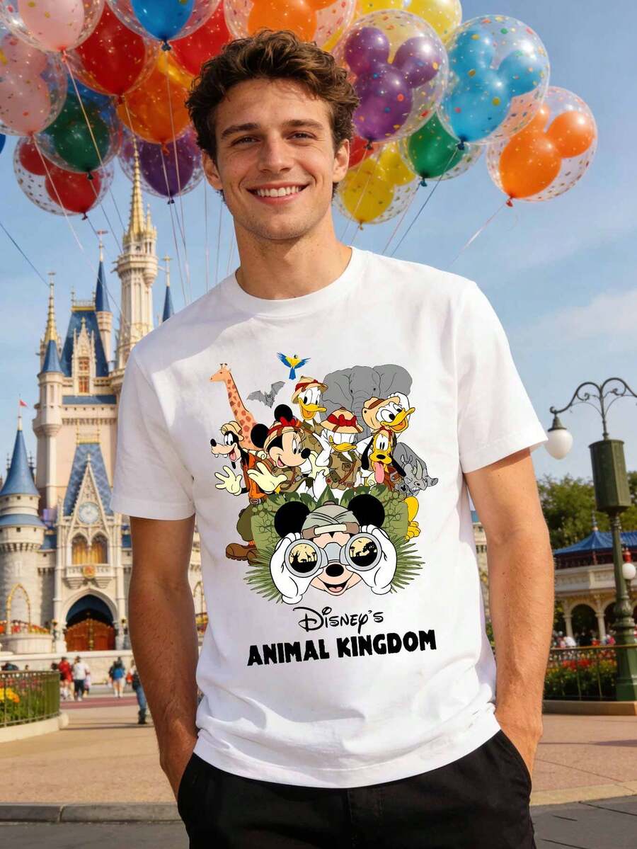 Disney Animal Kingdom T-Shirt, Mickey Mouse With Binoculars, Donald Duck, Goofy, Pluto, Giraffe, Elephant Graphic Tee For Men, Women, Family Vacation Trip Shirt - White - View 1