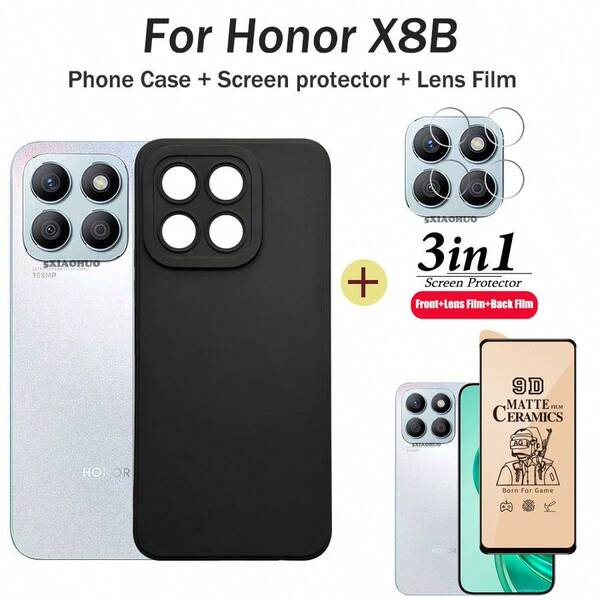 适用于荣耀X8B手机的防震软壳，包含全屏陶瓷保护膜和镜头保护膜。