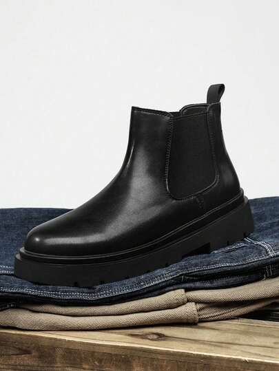 1 Pair Men's Stylish Black Chelsea Boots, Thermal Lining Thick Sole Elevator, Minimalist Versatile &