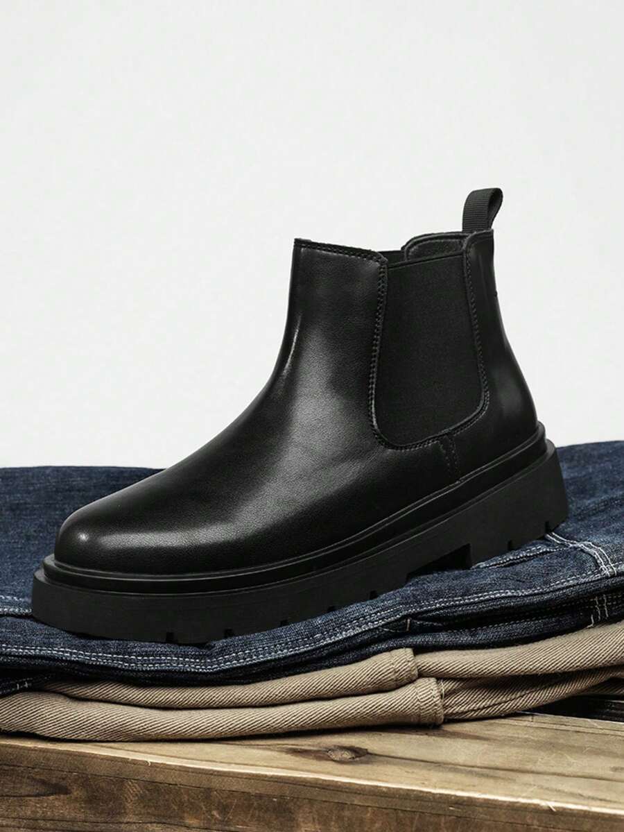 1 Pair Men's Stylish Black Chelsea Boots, Thermal Lining Thick Sole Elevator, Minimalist Versatile &
