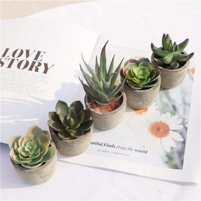 5pcs/Set Artificial Succulent Plants Set, Assorted Decorative Fake Succulents With Gray Pots, Made Of PE Material, Desk Decor, Home Decor, Garden Decor, School Dorm Office Decor, Wedding Seasonal, Gift, Spring Summer Decor, Outdoor Party Event Holiday Birthday Party Decor, Hotel Restaurant Living Room Bedroom Wedding Banquet Kitchen Decor, Green Decor, Perennial Decor, Back To School Room Decor, School Supplies