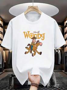 Disney Toy Story Woody And Heart Horse Print T-Shirt | Men's Casual Short-Sleeve Crew Neck T-Shirt, Comfortable Fabric, Stylish Streetwear Look, Suitable For Everyday Wear, A Summer Essential, Loose Fit. - White - View 2