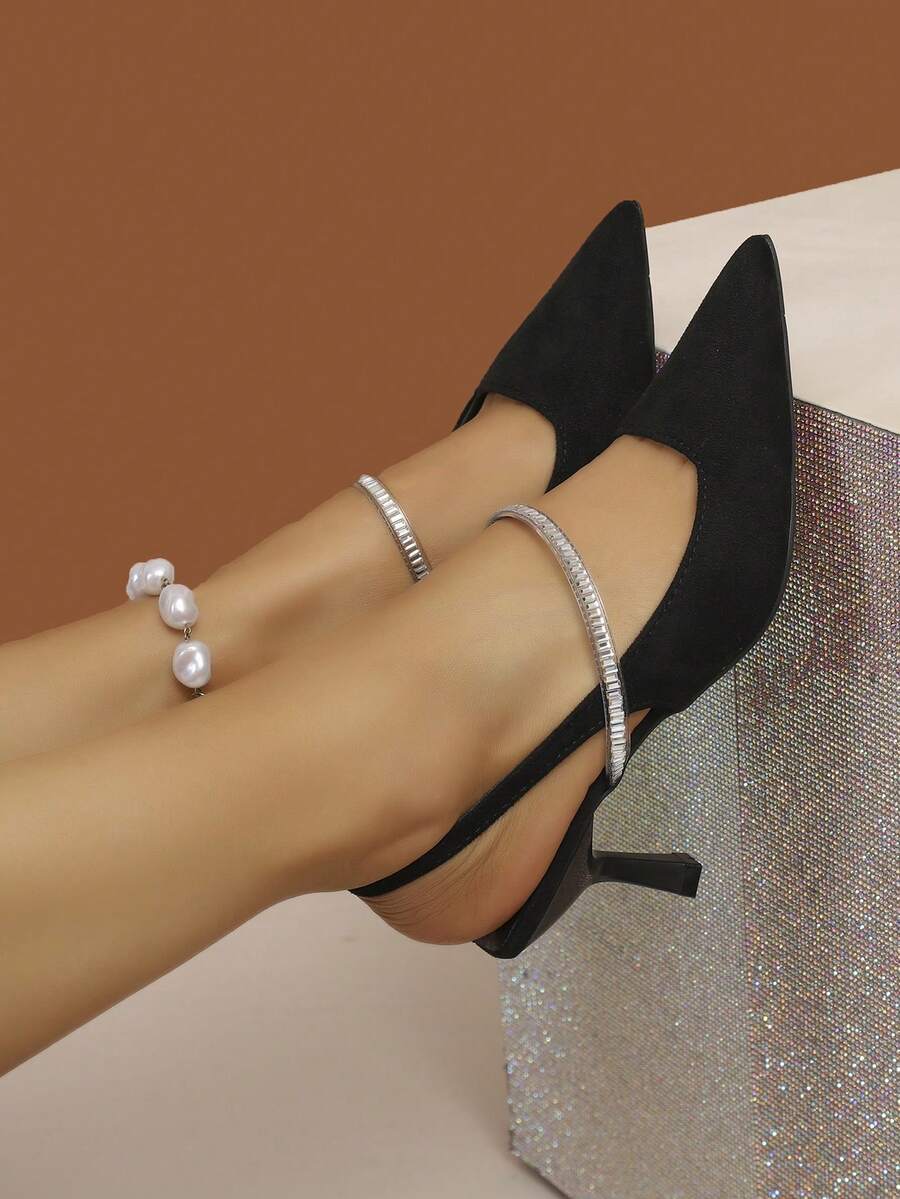 New Spring/Summer French Breeze High Heel Sandals, Black Suede Rhinestone Pointed Toe Stiletto Backless Shoes - Black - View 1