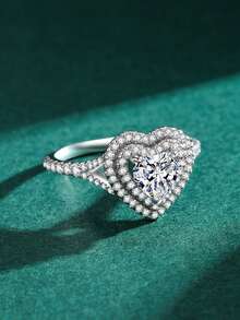 1pc 925 Sterling Silver Romantic Luxury Heart Shaped Sparkling 5A CZ Ring, Bridal Statement Jewelry - Silver - View 4