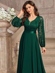 MIUSOL Đầm dạ hội maxi ren hoa thanh lịch, cổ chữ V sâu, tay phồng, viền bèo nhún. - Màu xanh lá cây đậm - Xem 8