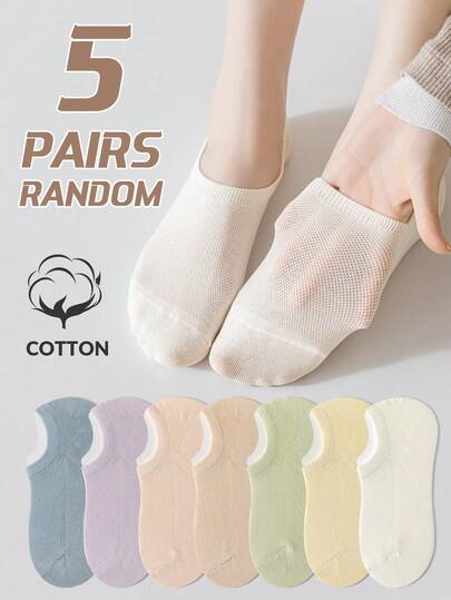 5 Pairs Women's Thin Mesh Candy Color Solid Hollow Aromatherapy 10A Antibacterial Sweat-Absorbent Cotton Socks, Comfortable Non-Slip Invisible Boat Socks, Collegiate Style, Spring/Summer
