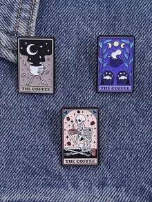 1Set Punk Gothic The Coffee Cat Tarot Enamel Pins Skeleton Drinking Coffee Brooches Lapel Badge Jewelry Gift For Friends - Multicolor - View 7