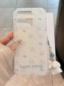 1pc New Fashionable Cartoon Cute Line Drawing Rabbit, Bow, Heart, Puppy Pendant Candy Soft Phone Case Compatible With IPhone 17 Air, 17 Pro Max, 16 Pro Max, 15 Pro, 14 Pro, 13, 12, 11, Adorable Feminine Niche Design - Rabbit Shell + Bone Dog Cat Paw Lanyard - View 3