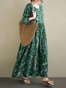AZAH Plus Size Green Floral Print Long Dress, Round Neck Batwing Short Sleeve Woven A-Line Skirt With Pockets, Casual Bohemian Beach Dress, 2026 New Summer Dress For Women Elegant - Green - View 4