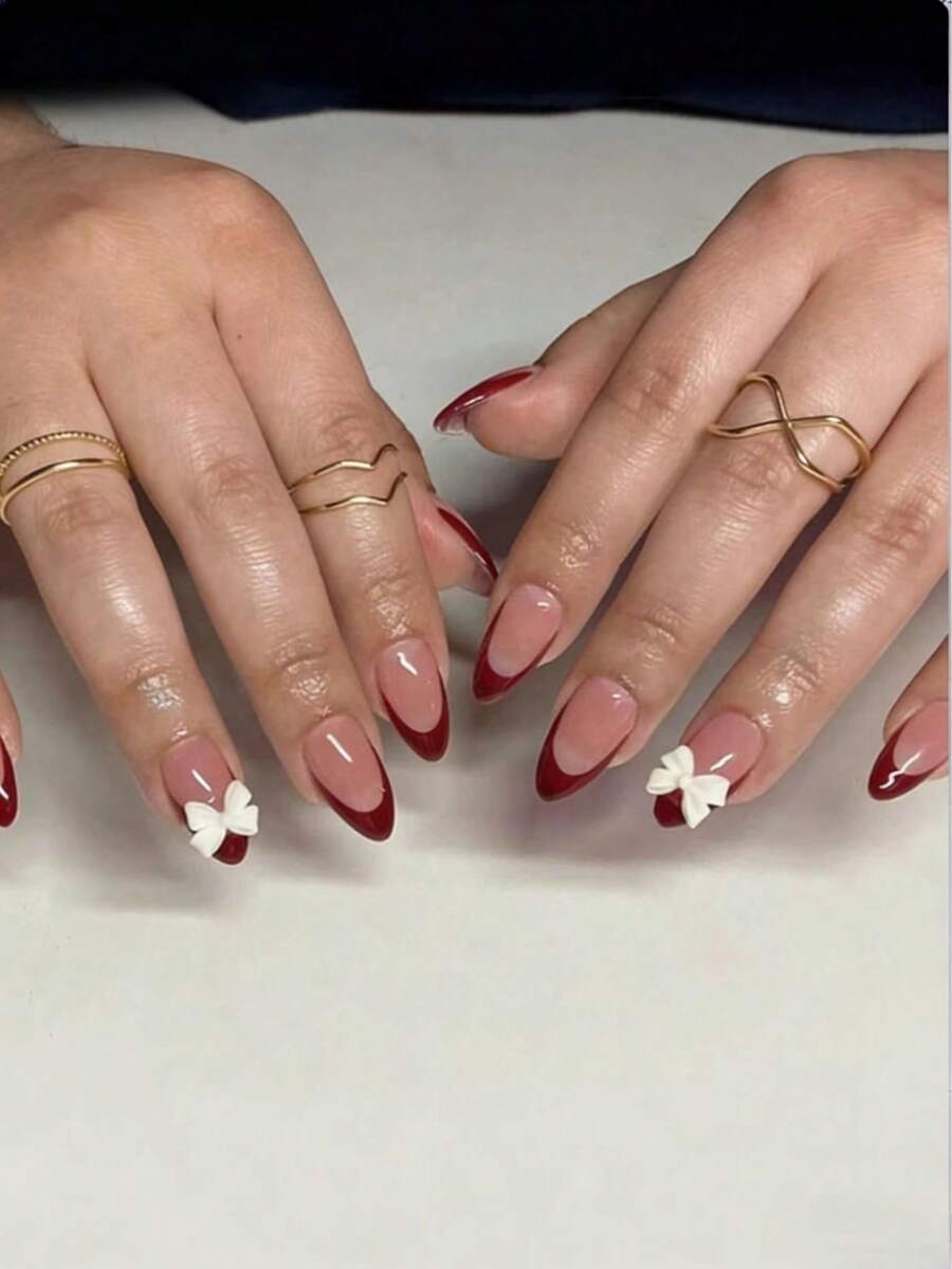 24pcs French Tip Red Almond Short Fake Nails With White Bow 3D Rhinestone Decor, Suitable For Girls/Women Party, Holiday, Gift Or Daily Office Wear, Includes 1 Nail File And 1 Double-Sided Adhesive - Burgundy - View 1