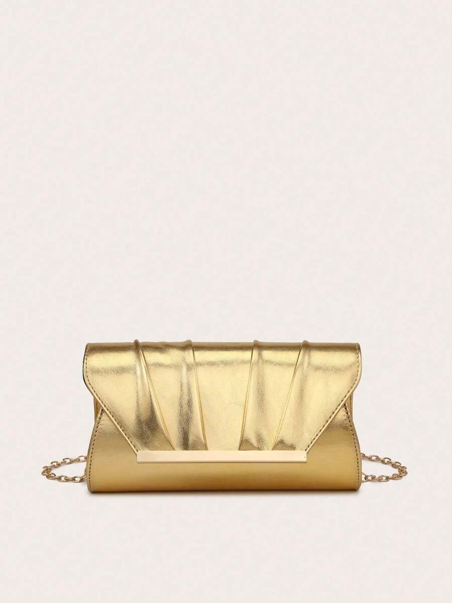1个女士信封手拿包，配链条肩带，漆皮翻盖设计，金色，适合派对和购物场合 - 金色 - 查看 1