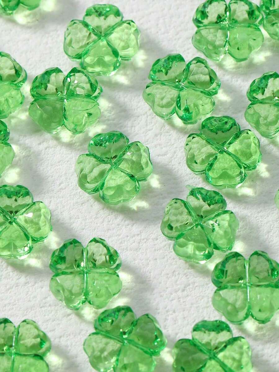 50pcs 3D Acrylic Shamrock Beads (Green & White) For Lucky Bracelet, Craft, Floral Necklace, Earrings, And Other DIY Jewelry Making - View 1