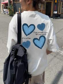 女士夏季圆领短袖T恤，心形印花，适合情人节穿着，休闲宽松百搭短袖上衣。适合夏季、海滩、街头、日常、工作、办公室派对、郊游、嘉年华、音乐节、情人节、派对等场合。精美女士上衣，女士度假装。优雅女士办公室着装，可爱上衣，女士假日、约会之夜，女士优雅上衣，夏季休闲女士，女士度假装。白色 - 白色 - 查看 5