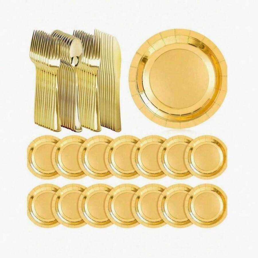 7" y 9" Platos de papel dorados, platos para ensalada, platos para postre, bandejas para fiestas, incluye platos, vasos y servilletas desechables, adecuados para pasteles, postres, ensaladas, hamburguesas, sándwiches, aperitivos, catering, fiestas de cumpleaños, bodas, campamentos al aire libre - Ver 1