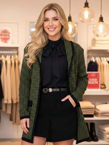 Women's Jacquard Houndstooth Knit Overcoat With Long Sleeves, Elegant Lapel, And Blazer For Winter - 黑焦糖 - 查看 4