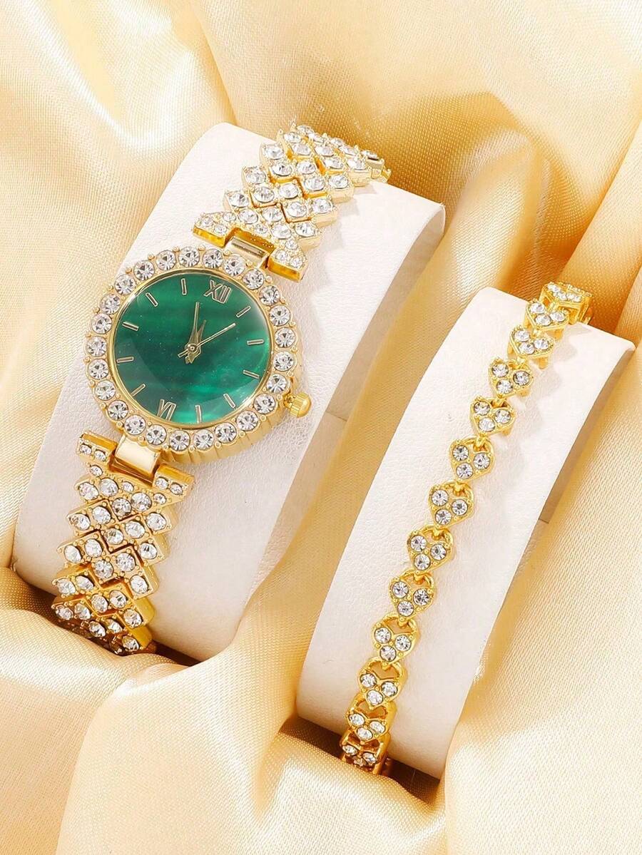 2pcs Women's Fashionable And Elegant Quartz Watch Luxurious Rhinestone Bracelet Set,Suitable For Daily Wear - Green - View 1