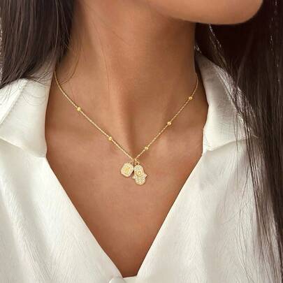 1pc Simple Classic Block Initial Hamsa Hand Pendant Golden Stainless Steel Water Ripple Bead Chain Necklaces For Women