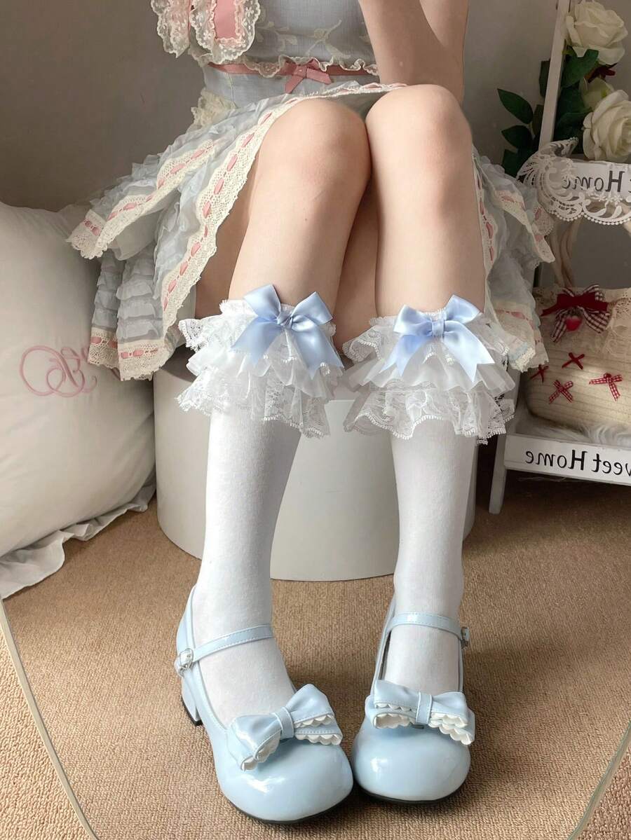 1 par de calcetines altos hasta la rodilla de mujer, de primavera/verano, finos, lindos, con volantes de encaje y moño, versátiles para fiestas y uso diario - Blanco - Ver 1