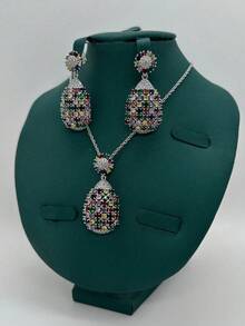 3pcs/Set.Colorful Zirconia Necklace Set.Copper Inlaid Shiny Zirconia Elegant Elegant Necklace & Earrings 2-Piece Jewelry Set.Suitable For Women's Daily, Party, Banquet Wear.Perfect Gift For Mother's Day, Valentine's Day - Colorful - View 3