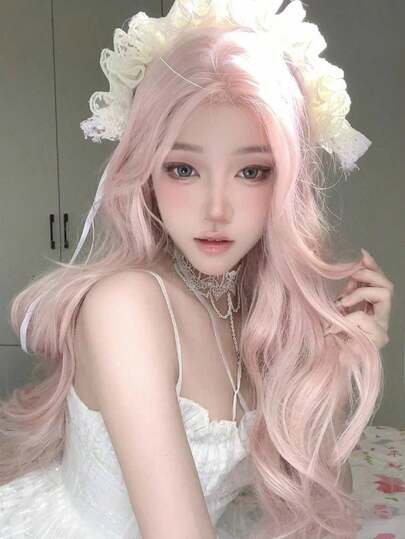 30 Inch Pink Wig For Women, Sweet & Cool Style, Suitable For Daily Wear, Middle Part Design, Wavy Bangs, Long Curly Hair, Full Head Coverage