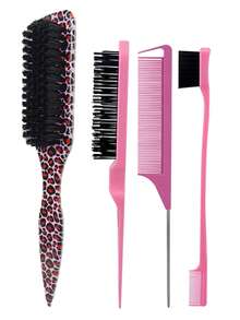 Men's Oily Hair & Beard Brush Set, Professional Long Handle Beard Cleaning Brush With Oily Comb, Solid Color And Leopard Print Hair Brush, Wooden Comb, Mini Straightening Brush, Beard Trimming, Curling, Edging, Pompadour Styling, Travel Essential, Back To School Essential, Holiday Essential - Multicolor - View 8