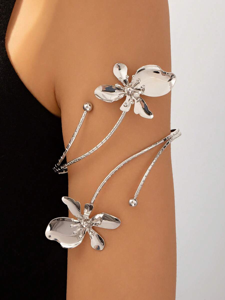 1pc Fashionable Versatile Textured Double-Layer Floral Cuff Bracelet, Elegant & Exaggerated Design - Multicolor - View 1