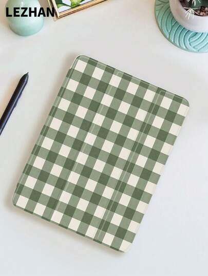 Grid 1pc Green & White Plaid Pattern Tablet Protective Case With Pencil Slot, Shockproof, Tri-Fold Stand, Compatible With 10.2", Pro 11" 2021/2020/10th Gen, (A16) 11" 11th Gen 2025, 8th/9th/10th Gen, Galaxy Tab A8 10.5" 2022, Matepad 10.4"/Tab, , Sleep/Wake Support, Romantic Personalized Gift