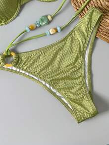 Bikinx Women's Elegant Spaghetti Strap Bikini Set With Knot And Beaded Details Backless Casual Swimsuit - 橄欖 - 查看 8