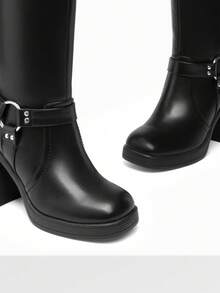 Botas altas de mujer con plataforma y tacón ancho, puntera cuadrada, cremallera lateral, correas ajustables con hebilla, decoración de moda, cómodas botas de motocicleta para mujer - Negro - Ver 7