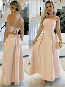 Elegant Strapless Party Dress, Draped, Plain, With Padded Cups, Various Colors. - 米色 - 查看 3