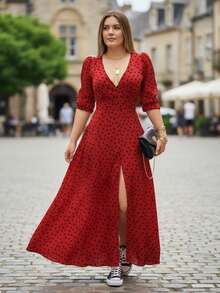 Vestido largo con abertura sexy en pierna de lunares y animal print   Lunares    Casual  Sencillo  Sexy  Fiesta    Tela    Abertura  Asimétrico    Noche de fiesta  Vacaciones  Boda  Vacación  Diario  Tener una cita  Sesión de fotos  Calle    primavera-verano otoño-invierno - Rojo lunares - Ver 1