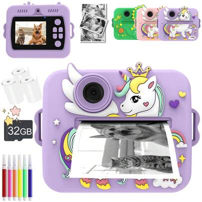 儿童拍立得相机，带打印功能，适合3-12岁男孩女孩的玩具礼物，圣诞节、生日、感恩节礼物皆宜，适合3-9岁儿童，配备可充电电池（1200mAh大容量）、1080P高清视频和双摄像头，也是开学季的理想礼物。
