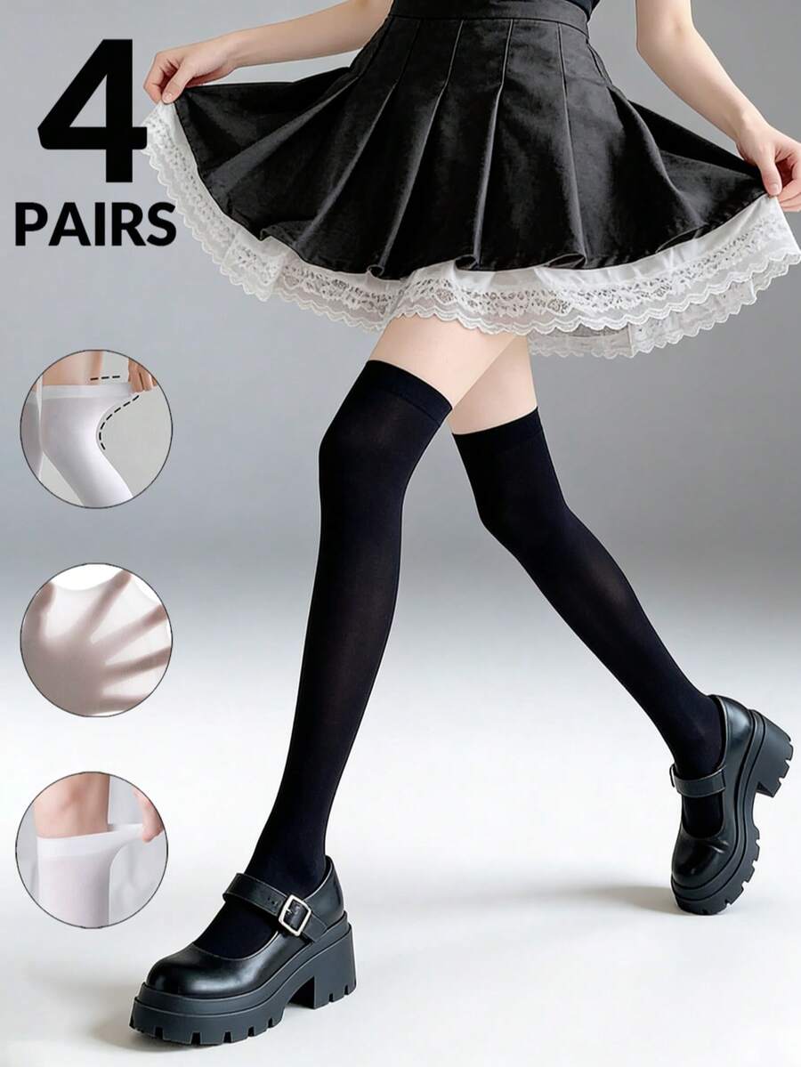 4双装女士超薄洛丽塔性感压缩丝袜 - 黑/白，学院风过膝长袜 - 彩色 - 查看 1