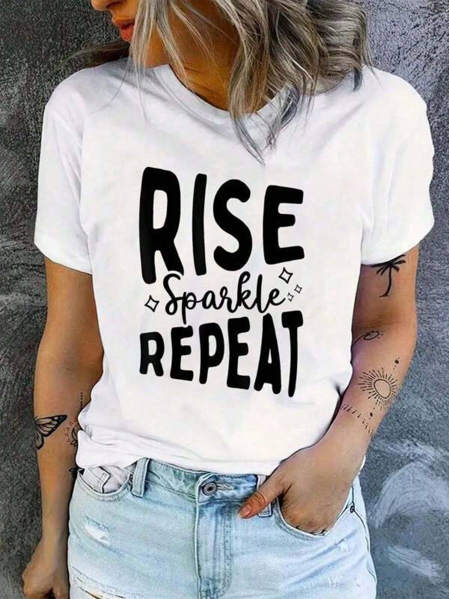 Rise Sparkle Repeat Positive Mindset Motivational Cotton T-Shirt Fashion Print Women Tshirt Summer O-Neck Short Sleeved Tee Tops Stree Female Cotton T-Shirt Clothes Women Size S-3XL - trắng - Xem 1