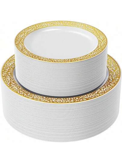 1/12/25/50 pièces Assiettes de dîner de style européen de luxe avec bord doré ajouré, assiettes à dessert occidentales haut de gamme convenant pour les mariages, les fêtes, les anniversaires, le thé de l'après-midi, les réunions de famille, la restauration hôtelière, les célébrations de vacances, vaisselle réutilisable