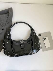 New Y2K Baddie Style Black Patent Leather Rivet Underarm Bag, Retro Motorcycle Inspired Large Capacity Tote Bag, Sweet & Cool Large Capacity Shoulder Bag - Black - View 5