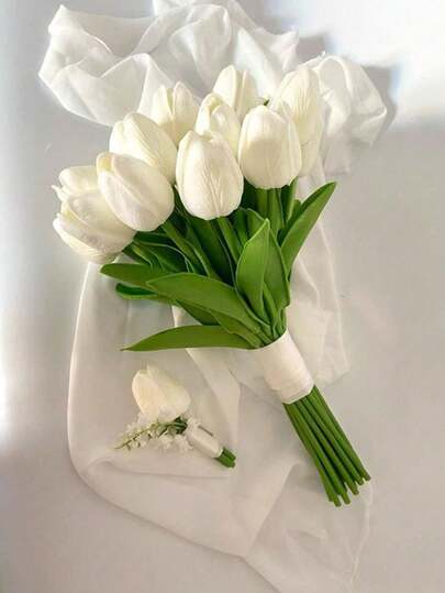 Exquisite Lifelike White Artificial Tulip Flower Bouquet - Suitable For Bedroom, Living Room, Wedding, Party, Valentine's Day, Father's Day, Graduation, Mother's Day, Easter Decoration And Gift For Girlfriend