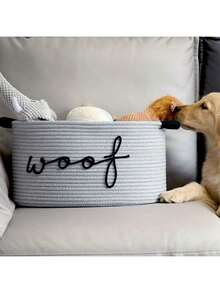 1pc Woven Rope Storage Basket With "WOOF" Embroidered Pattern - Pet Toy Organizer Basket, Suitable For Chew Toys, Blankets And Leashes, With Navy Blue Handle, Stackable Design, Personalized Pet Storage Basket For Cats And Dogs, Pet Gift - Multicolor - View 9