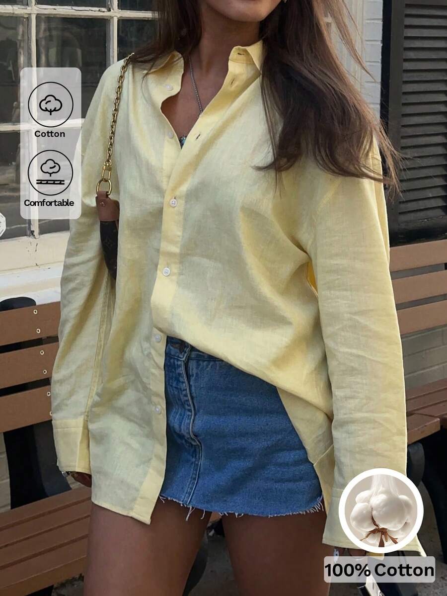 Look Polly Women's Spring Fitted Shirt, Tracing Cotton Single-Breasted Cream Yellow Long Sleeve Top, Suitable For Valentine's Day, Carnival, Casual, Beach, Daily Wear - Yellow - View 1