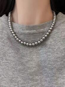 一套女士串珠项链，银灰色珍珠项链，适合女士佩戴，复古时尚颈链，锁骨链，感恩节、圣诞节、情人节节日礼物 - 灰色 - 查看 2