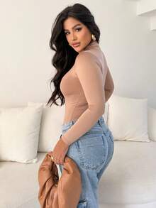 Women's Bodysuit Kit, High Neck, Long Sleeve, Second Skin, Basic, Versatile, Fashion Blogger Style, - 米色-黑色-白色 - 查看 4