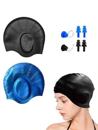 1 Set Unisex Silicone Swimming Cap With 3D Ear Protection, Durable & Soft Swim Cap Suitable For Women, Men, Adults, Short/Long Hair, Includes Ear Plugs And Nose Clip