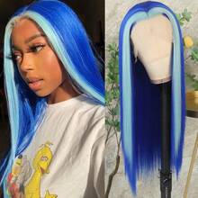 13X4 Pink & Brown Lace Front Wigs Pre Plucked Soft Free Part Long Straight Wigs Glueless Pink Skunk Stripe Wig Wear And Go Wig Heat Resistant Fiber Hair Synthetic Lace Front Wigs For Fashion Women For Daily Christmas Party Cosplay Use - 挑染藍色 - 查看 2