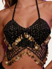 一件手工制作的女士露背吊带胸衣，饰有亮片珠串流苏系带，肚皮舞服装，露脐上衣，搭配亮片裙纱丽，灵感源自波西米亚风节日狂欢表演。适合节日、派对、夜店、海滩穿着，也可作为异域风情服饰装饰，展现波西米亚复古风情。 - 彩色 - 查看 9
