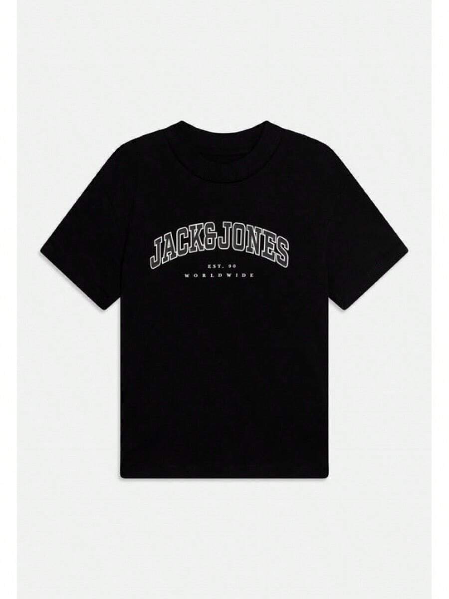 Black Cotton Short-Sleeved T-Shirt With A Crew Neck. The Front Features A White, Curved "JACK&JONES" Logo With "EST. 94 WORLDWIDE" Printed Underneath. - Black - View 1
