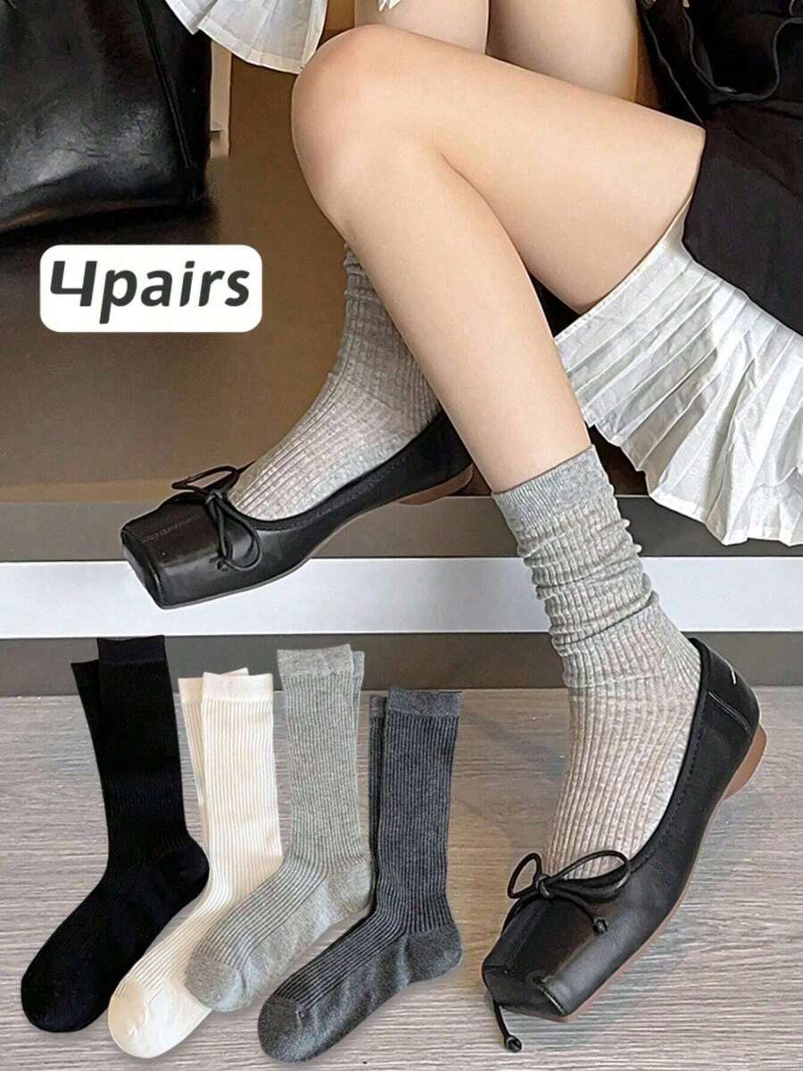 4 Pairs Women's Summer Breathable Striped Solid Color Kawaii Socks, Korean Style - Multicolor - View 1