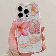 1 pieza Funda de teléfono rosa transparente suave con gran diseño floral y de tortuga marina, compatible con iPhone 17, 16, 15, 14, 13, 12, 11 Pro Max, 14, 15, 16 Plus - Multicolor - Ver 5