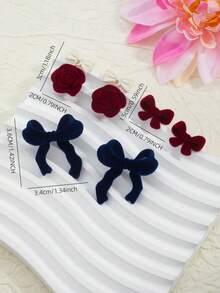 1 Pair Bow & Flower Design Earrings, Velvet Versatile Daily Wear Earrings - Multicolor - View 5